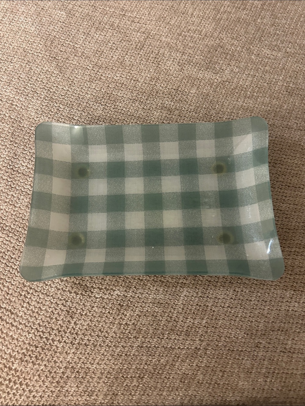 Wamsutta Vintage Green Gingham Plastic Soap Dish / Gently Used